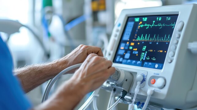 Respiratory therapist carefully adjusts ventilator settings for optimal patient care and support