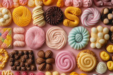Discover a vibrant assortment of artistic confectionery designs, showcasing a colorful and detailed display of sweets. Perfect for culinary inspiration!