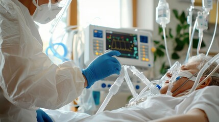 Therapist carefully adjusts ventilator settings to ensure optimal patient care in critical condition