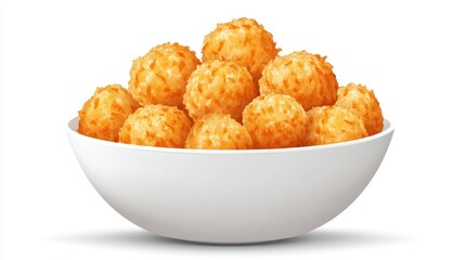 A bowl of crispy cheese balls on a white background, offering a delicious and appetizing snack visual.