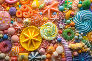 This vibrant and colorful overhead display features an artistic collection of various candy designs. Perfect for celebrating joy and creativity through sugary delights.