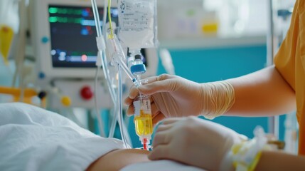 Nurse adjusts iv line for patient hydration in care setting