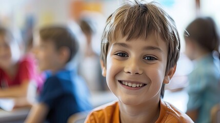 Smiling Young Boy in Classroom.