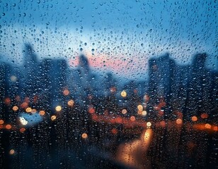 Gotas de lluvia en primer plano sobre una ventana, con el fondo borroso de una tormenta en una ciudad. 