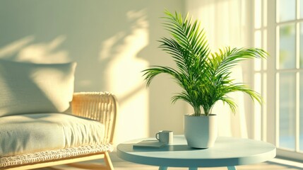 A bright living room interior featuring a palm plant on a light blue round table, next to a cozy rocking chair and soft sofa.