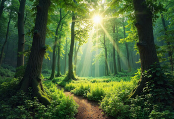 Obraz premium A serene Easter morning in a lush forest with sunlight streaming through vibrant green trees