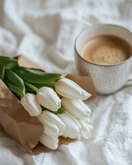 white tulips wrapped in brown craft paper, resting on a crinkled white linen surface next to a porcelain cup filled with coffee.
