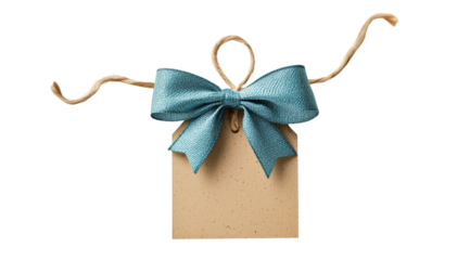 Cardboard gift tag with blue bow, created with Generative AI technology, PNG