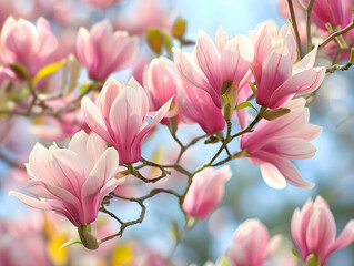 A vibrant magnolia tree in full bloom, showcasing its beauty in a natural setting.