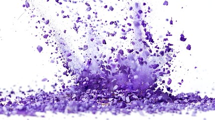Explosion of lavender soil particles, frozen in time against a white background, with vivid color and intricate details captured in high definition. 40k, full ultra hd, high resolution