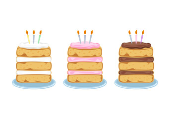 Vector illustration set of different flavors of cute style cake slices. Flat design, isolated on white. Vector illustration of bakery, birthday cake, party, celebration, festival, happy for greeting.