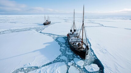 Two historic ships navigating through icy waters under a blue sky.