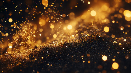 Fototapeta premium Shimmering, glittering background in shades of black and gold, perfect for elegant designs, celebrations, or festive occasions ,Background texture, small gold sparkles on a black background ,Shimmerin
