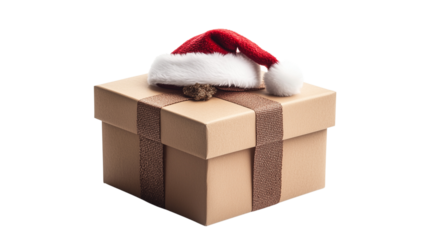 Craft gift box and Santa Claus hat on it close up, created with Generative AI technology, PNG