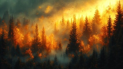 Naklejka premium A vibrant forest scene illuminated by warm autumn colors.