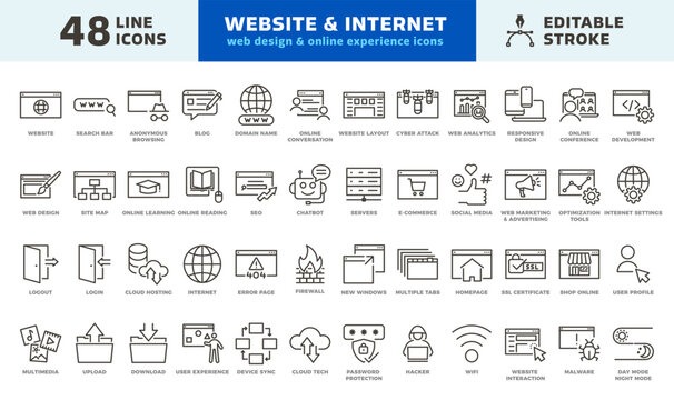 Website and internet thin line icons for web design and digital online network experience