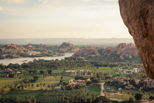 View of mountains and Tungabhadra river in Hampi, India