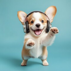 **photo of a Young puppy listening to music on a head set and dancing happy, jump smiling , cute , adorable, , dancing, 