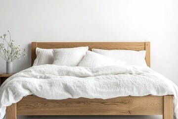 A simple oak bed frame with two white linen pillows and a duvet on it
