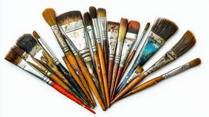Obraz premium A collection of paintbrushes resting on a white background, showcasing different brush sizes and styles.