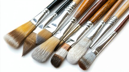 Fototapeta premium A collection of paintbrushes resting on a white background, showcasing different brush sizes and styles.