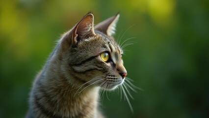 Majestic tabby cat gazing into the distance in lush greenery