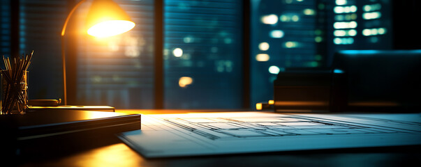 Dimly lit studio, architectural sketches layered over blueprints, soft light emphasizing pencil strokes, focused medium angle showing precision in lines and shadows.