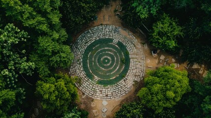 Fototapeta premium Aerial view of a peaceful garden labyrinth for contemplative meditation