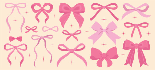 Pink bow illustration set. Simple hand drawn ribbon bow collection. Vector ribbons, silk bows for gifts, present knots, wrap pack. Bowknot for decoration, collection sillouette for celebration design 