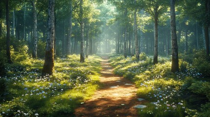 Obraz premium Serene forest path illuminated by sunlight and blooming flowers.