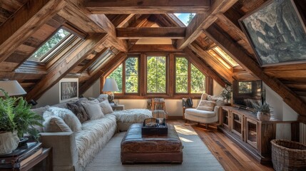 A cozy attic room with exposed wooden beams and skylights, creating a warm, inviting space with natural light.
