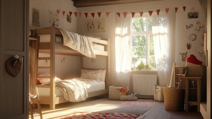 A cozy children room featuring a bunk bed and playful decorations, designed for comfort and creativity.