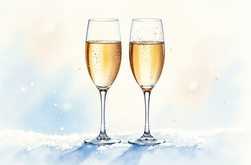 Two glasses of champagne outside stand on the snow