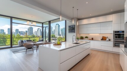 Modern kitchen with white cabinets. The image showcases the kitchen design, highlighting the contemporary style with a focus on clean lines and bright interiors.