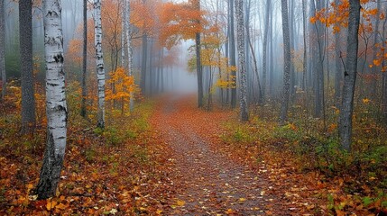 Obraz premium A Misty Path Through an Autumnal Forest