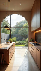 A modern kitchen with wooden cabinets , a large window overlooking a lush green backyard