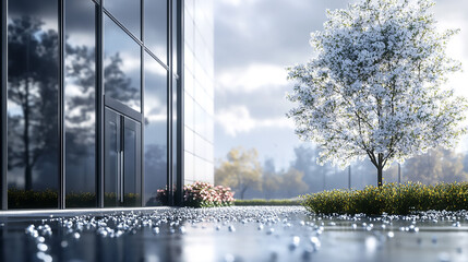 Fototapeta premium Ecofriendly building in the modern city Sustainable glass office building with tree for reducing heat and carbon dioxide Office building with green environment Modern Glass Corporate Headquarters Un