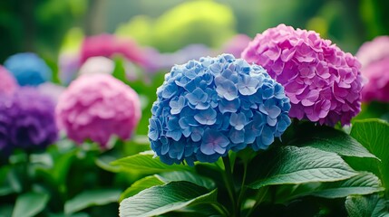 Vibrant hydrangeas in shades of blue, pink, and purple are beautifully arranged among lush green leaves, creating a serene and colorful garden scene, perfect for nature-themed projects, invitations