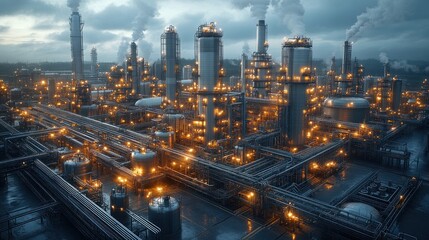 Industrial complex with smokestacks and illuminated structures.