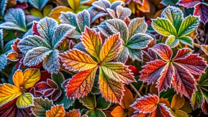 Naklejka premium Aerial View of Frost-Covered Leaves in Late Autumn - Capturing Nature's Beauty in Frigid Mornings with a Focus on Vibrant Plant Life and Seasonal Changes