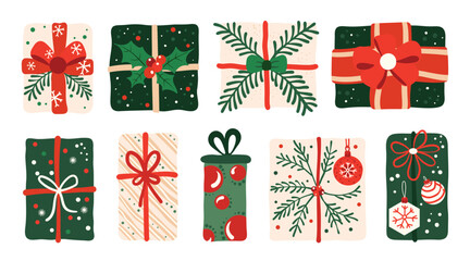 Set of isolated Christmas gift boxes and present decoration ornaments in cute doodle hand-drawn graphic illustration style on a transparent background. Volume 1: Vivid red, green and beige color tones