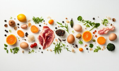 Natural Dog paws and raw organic dog food on a white backdrop. Canine BARF diet. eggs, vegetables, and raw meat.