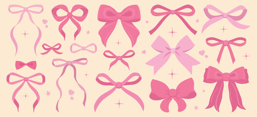 Pink bow illustration set. Simple hand drawn ribbon bow collection. Vector ribbons, silk bows for gifts, present knots, wrap pack. Bowknot for decoration, collection sillouette for celebration design 