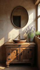 A rustic wooden vanity with a round mirror, a bowl sink, and potted plants in a cozy bathroom setting