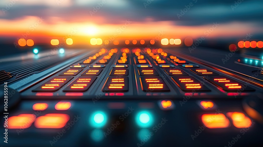 Poster Close-up of illuminated buttons on a modern sound mixing console.