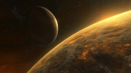 Obraz premium A celestial scene depicting a planet and moon in a cosmic landscape.