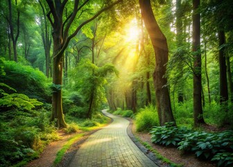 Fototapeta premium A Serene Paved Path Winding Through a Lush Tranquil Forest with Sunlight Filtering Through the Leaves and Ample Copy Space for Text or Graphics