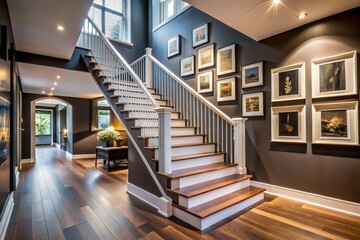 Fototapeta premium A Sophisticated Interior of a Modern Home in Tweede Laurierdwarsstraat, Amsterdam Featuring a Stylish Staircase, Dark Walls, and Elegant Picture Frames for Architectural Photography