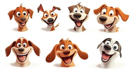 Fototapeta premium A fun set of cartoon dog faces, showcasing different breeds with joyful expressions, placed on a white background.