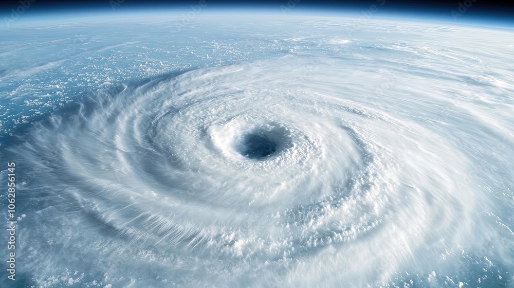 Poster aerial view of a powerful hurricane cyclone over the ocean, white isolated background.